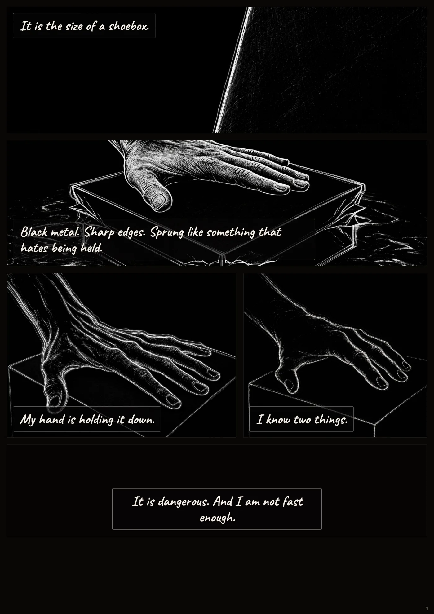 Pre-Echo, chapter one, page one. The dream: a black box, a blade-edge of light.