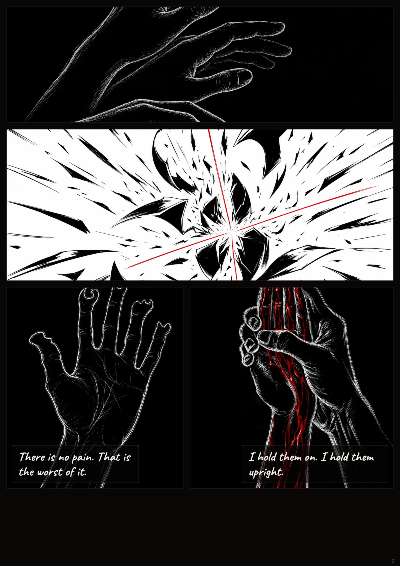 Page two. The hand lifts; the burst; the wrong fingertips.