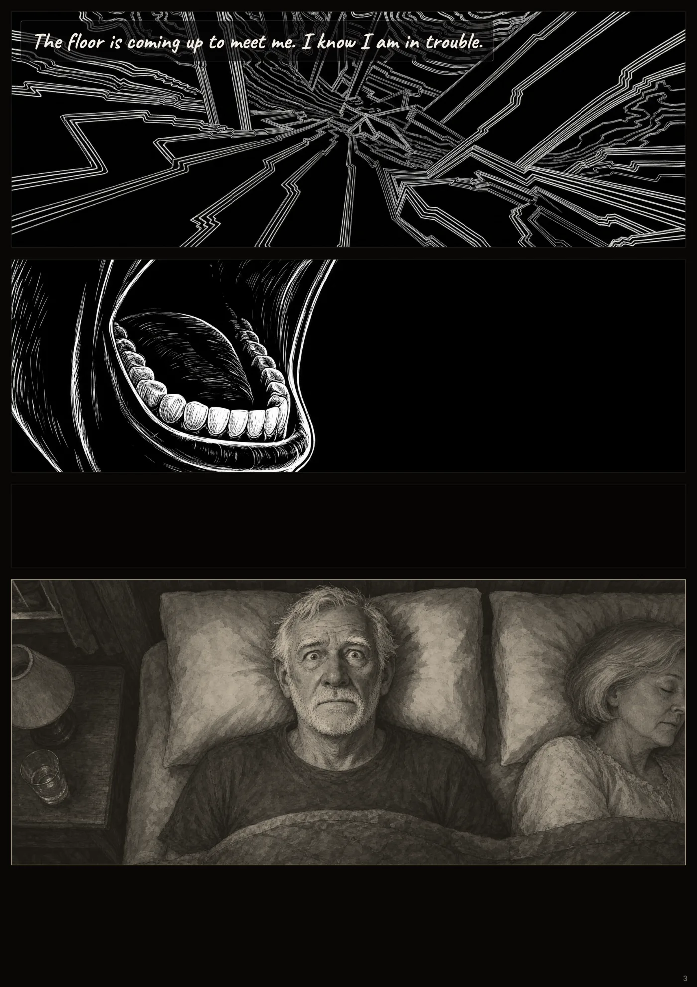 Page three. The floor comes up; the silent scream; waking.